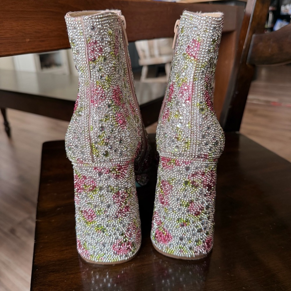 Betsey Johnson Della Pink Floral rhinestone Platform Boot with Teal Heel - Picture 7 of 16